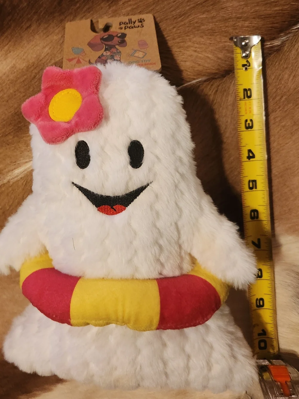 White Plush Ghost Dog Toy with Pink Flower and Yellow-Red Float